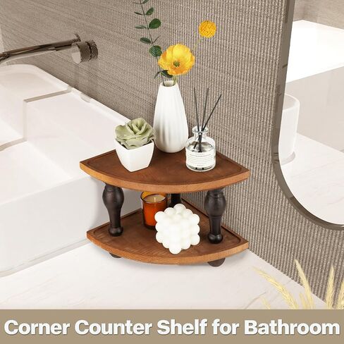 Corner Counter Shelf, 2-Tier Stackable Wood Risers for Display Decorative, Farmhouse Pedestal Stand, Bathroom Kitchen Counter Organizer Soap Dispenser Tray and Sponge Holder in Saudi Arabia