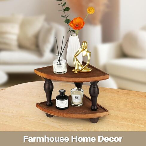 Corner Counter Shelf, 2-Tier Stackable Wood Risers for Display Decorative, Farmhouse Pedestal Stand, Bathroom Kitchen Counter Organizer Soap Dispenser Tray and Sponge Holder in Saudi Arabia