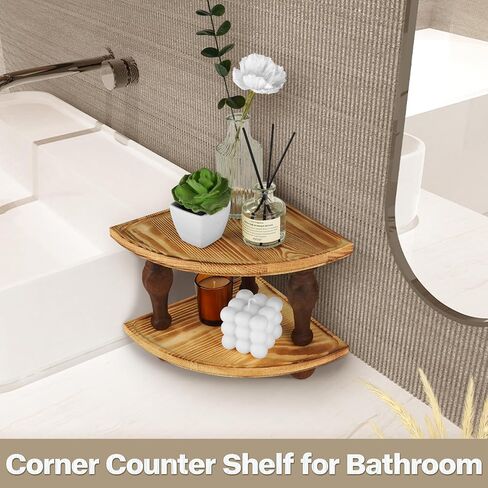 Corner Counter Shelf, 2-Tier Stackable Wood Risers for Display Decorative, Farmhouse Pedestal Stand, Bathroom Kitchen Counter Organizer Soap Dispenser Tray and Sponge Holder in Saudi Arabia