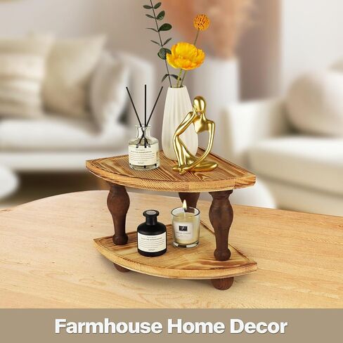 Corner Counter Shelf, 2-Tier Stackable Wood Risers for Display Decorative, Farmhouse Pedestal Stand, Bathroom Kitchen Counter Organizer Soap Dispenser Tray and Sponge Holder in Saudi Arabia