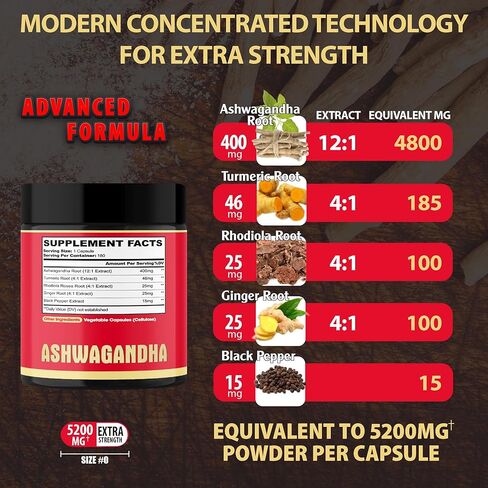 مكمل أشواغاندا الفاخر تكفي لمدة 6 أشهر - الكركم والرهوديولا الوردية والزنجبيل والفلفل الأسود - 180 كبسولة in Kuwait
