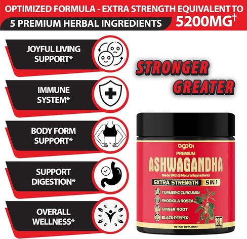 مكمل أشواغاندا الفاخر تكفي لمدة 6 أشهر - الكركم والرهوديولا الوردية والزنجبيل والفلفل الأسود - 180 كبسولة in Kuwait