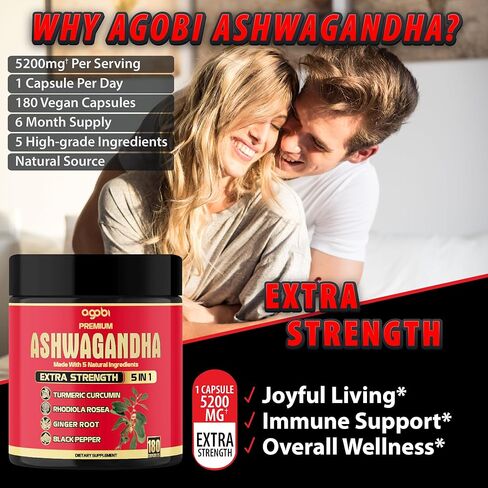 مكمل أشواغاندا الفاخر تكفي لمدة 6 أشهر - الكركم والرهوديولا الوردية والزنجبيل والفلفل الأسود - 180 كبسولة in Kuwait