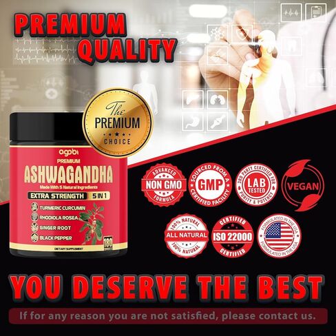 مكمل أشواغاندا الفاخر تكفي لمدة 6 أشهر - الكركم والرهوديولا الوردية والزنجبيل والفلفل الأسود - 180 كبسولة in Kuwait