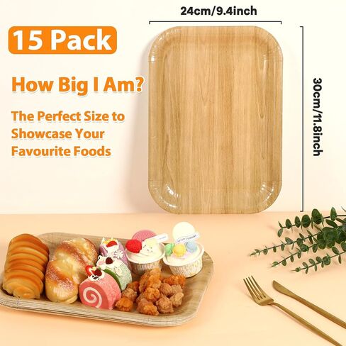 15 Pcs Disposable Wood Large Rectangle Trays Disposable Wooden Serving Trays Rustic Brown Heavy-Duty Paper Plates for Picnic BBQ Birthday Parties Barbecue Weddings Table Decor Dessert Cupcake Display in Saudi Arabia