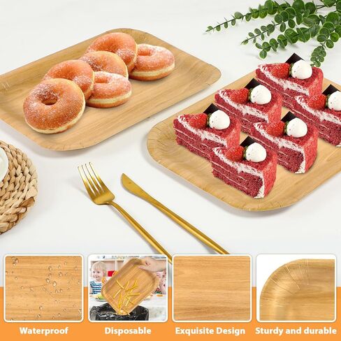 15 Pcs Disposable Wood Large Rectangle Trays Disposable Wooden Serving Trays Rustic Brown Heavy-Duty Paper Plates for Picnic BBQ Birthday Parties Barbecue Weddings Table Decor Dessert Cupcake Display in Saudi Arabia