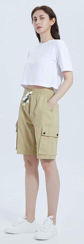 XinYangNi Women's Cargo Shorts Elastic Waist Drawstring Cotton Loose Fit Casual Lightweight Outdoor Multi Pocket Twill Pants in Saudi Arabia