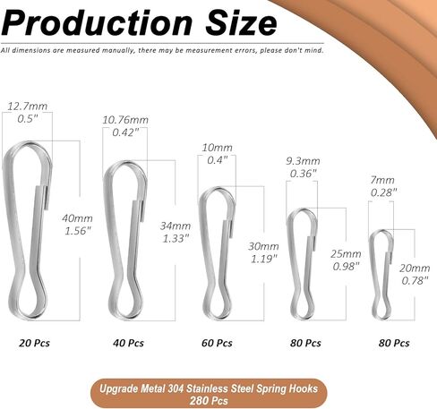 280 قطعة 304 خطافات زنبركية من الفولاذ المقاوم للصدأ، 3/4 بوصة 1 بوصة 6/5 بوصة 7/5 بوصة 8/5 بوصة ترقية معدنية 304 خطافات زنبركية من الفولاذ المقاوم للصدأ، خطاف مشبك معدني مقاوم للصدأ in Kuwait