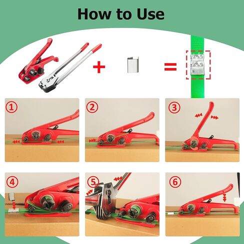 مجموعة أدوات ربط تغليف البليت مع أداة شد الربط شديدة التحمل، أداة إغلاق الربط، لفة ربط بوليستر مقاس 5/8 بوصة × 200 بوصة، 100 ختم معدني، 100 ركن تغليف بلاستيكي (أحمر) in Kuwait