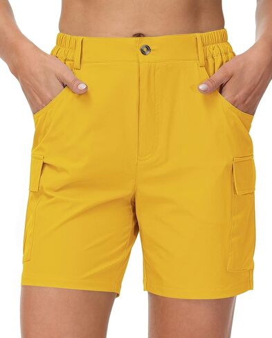 شورت Cakulo نسائي للتنزه سيرًا على الأقدام مقاس 6 بوصات، سريع الجفاف، مقاس كبير، برمودا خفيف الوزن، كاجوال للمشي، مطاط، جولف، نشط، صيفي، ماجلان، للسفر، العمل مع جيوب، مقاوم للماء، خريف، أصفر M in Kuwait