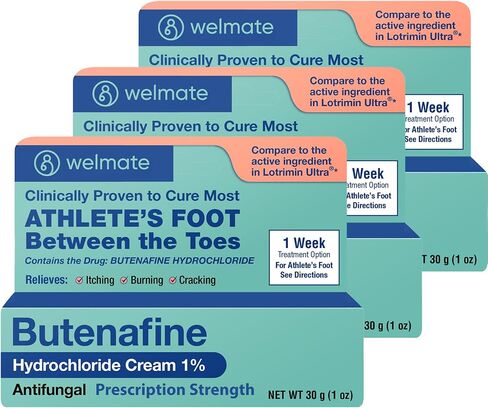 WELMATE - علاج قدم الرياضيين بقوة إضافية - كريم مضاد للفطريات - بوتينافين هيدروكلوريد - تخفيف من السعفة، قدم الرياضي وحكة جوك - العناية بالقدم - علاج فطريات الأظافر لأظافر القدم - 1 أونصة in Kuwait