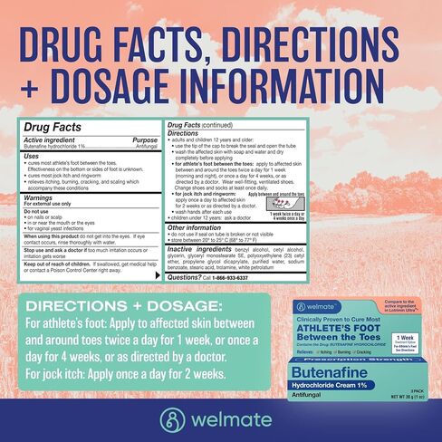 WELMATE - علاج قدم الرياضيين بقوة إضافية - كريم مضاد للفطريات - بوتينافين هيدروكلوريد - تخفيف من السعفة، قدم الرياضي وحكة جوك - العناية بالقدم - علاج فطريات الأظافر لأظافر القدم - 1 أونصة in Kuwait