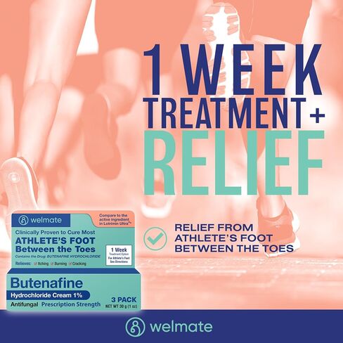 WELMATE - علاج قدم الرياضيين بقوة إضافية - كريم مضاد للفطريات - بوتينافين هيدروكلوريد - تخفيف من السعفة، قدم الرياضي وحكة جوك - العناية بالقدم - علاج فطريات الأظافر لأظافر القدم - 1 أونصة in Kuwait