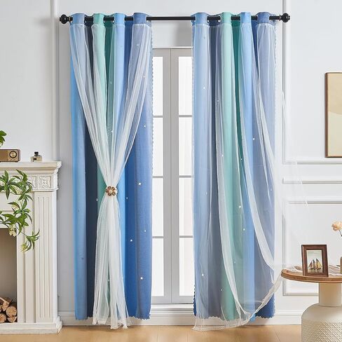Rainbow Blackout Curtains, Star Curtains, Girl Princess Curtains, Children's Bedroom Windows, Double-Layer Star-Shaped Hollow Theme Room Decorative (Blue Green Gray, W52×L42×1P) in Saudi Arabia