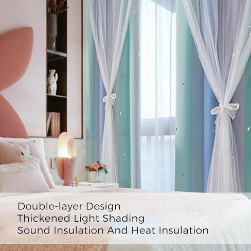 Rainbow Blackout Curtains, Star Curtains, Girl Princess Curtains, Children's Bedroom Windows, Double-Layer Star-Shaped Hollow Theme Room Decorative (Blue Green Gray, W52×L42×1P) in Saudi Arabia