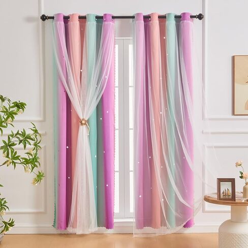 Rainbow Blackout Curtains, Star Curtains, Girl Princess Curtains, Children's Bedroom Windows, Double-Layer Star-Shaped Hollow Theme Room Decorative (Blue Green Gray, W52×L42×1P) in Saudi Arabia