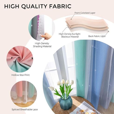 Rainbow Blackout Curtains, Star Curtains, Girl Princess Curtains, Children's Bedroom Windows, Double-Layer Star-Shaped Hollow Theme Room Decorative (Blue Green Gray, W52×L42×1P) in Saudi Arabia