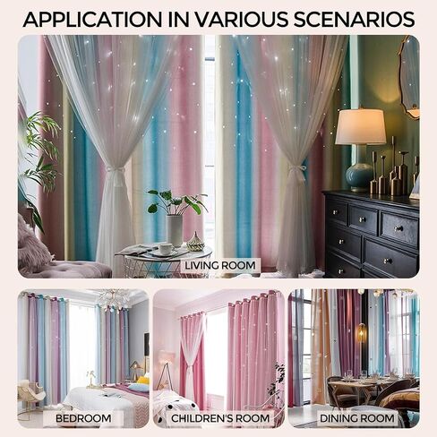 Rainbow Blackout Curtains, Star Curtains, Girl Princess Curtains, Children's Bedroom Windows, Double-Layer Star-Shaped Hollow Theme Room Decorative (Blue Green Gray, W52×L42×1P) in Saudi Arabia