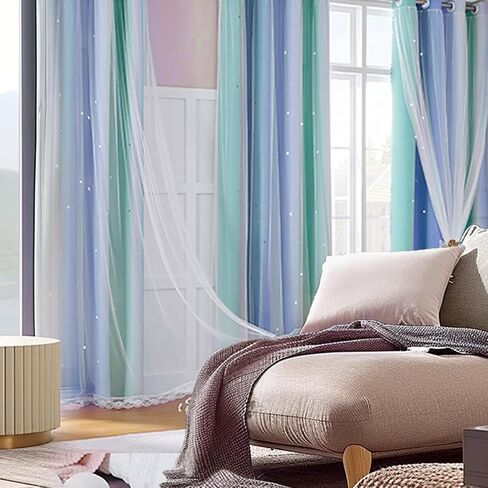 Rainbow Blackout Curtains, Star Curtains, Girl Princess Curtains, Children's Bedroom Windows, Double-Layer Star-Shaped Hollow Theme Room Decorative (Blue Green Gray, W52×L42×1P) in Saudi Arabia