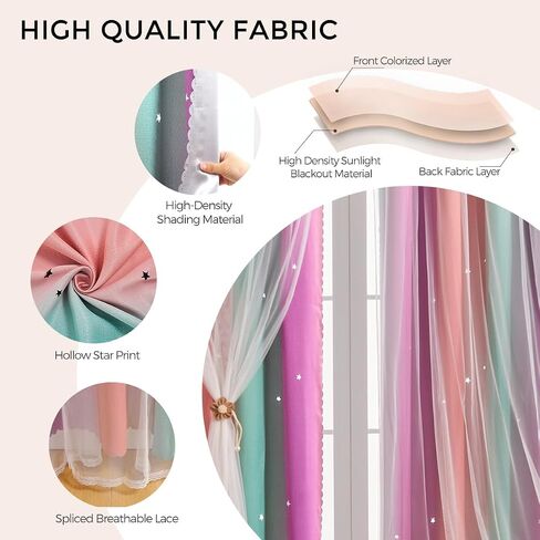 Rainbow Blackout Curtains, Star Curtains, Girl Princess Curtains, Children's Bedroom Windows, Double-Layer Star-Shaped Hollow Theme Room Decorative (Blue Green Gray, W52×L42×1P) in Saudi Arabia