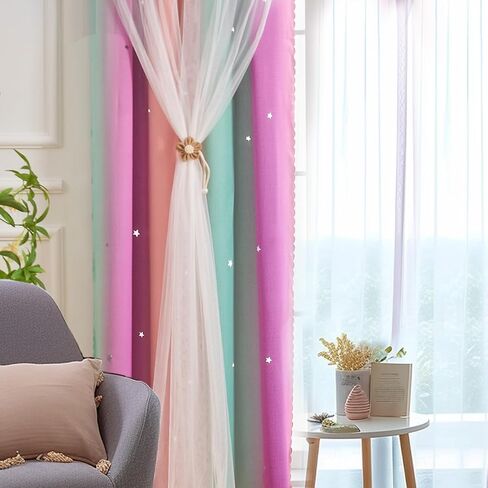 Rainbow Blackout Curtains, Star Curtains, Girl Princess Curtains, Children's Bedroom Windows, Double-Layer Star-Shaped Hollow Theme Room Decorative (Blue Green Gray, W52×L42×1P) in Saudi Arabia
