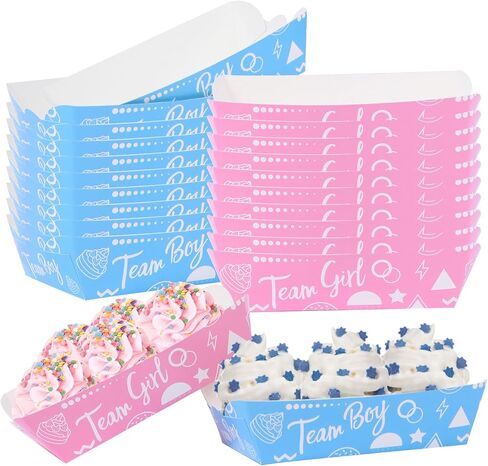 Gender Reveal Birthday Party Supplies Paper Food Tray(50 PCS 2LB) Pink Blue Team Girl Boy Cartoon Dessert Container Holiday Family Supplies Paper Boats for Serving Snack Nacho HotDog Popcorn in Saudi Arabia