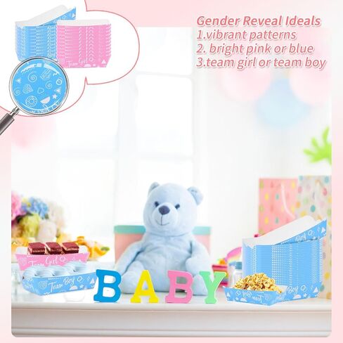 Gender Reveal Birthday Party Supplies Paper Food Tray(50 PCS 2LB) Pink Blue Team Girl Boy Cartoon Dessert Container Holiday Family Supplies Paper Boats for Serving Snack Nacho HotDog Popcorn in Saudi Arabia
