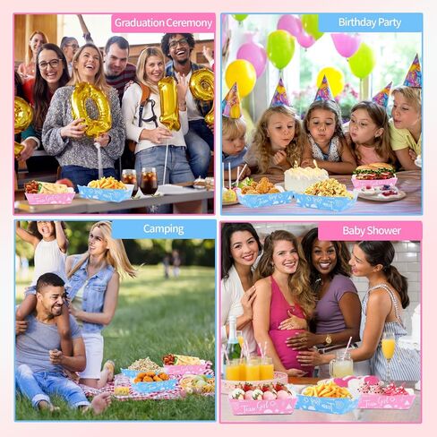 Gender Reveal Birthday Party Supplies Paper Food Tray(50 PCS 2LB) Pink Blue Team Girl Boy Cartoon Dessert Container Holiday Family Supplies Paper Boats for Serving Snack Nacho HotDog Popcorn in Saudi Arabia