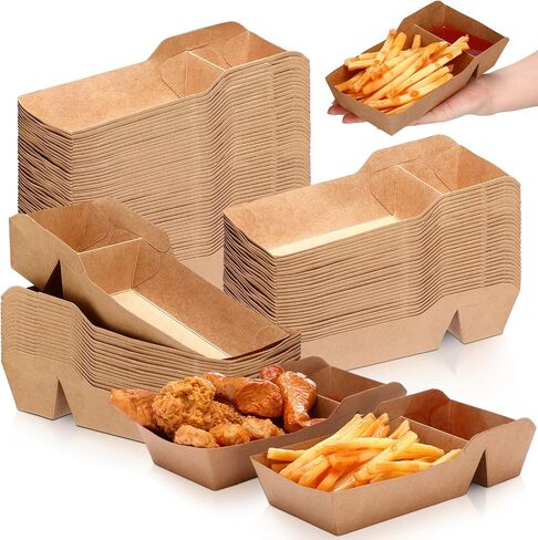 200 Pack Kraft Paper Food Trays 1LB Disposable Food Boats Nacho Tray 2 Compartment Heavy Duty Take out Food Serving Boats Holder Trays for Sauces Fries Taco BBQ Snack Hot Dog Picnic in Saudi Arabia
