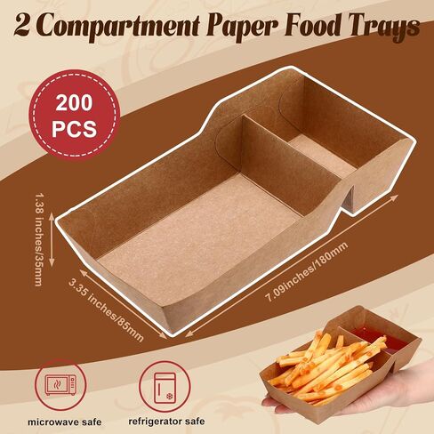 200 Pack Kraft Paper Food Trays 1LB Disposable Food Boats Nacho Tray 2 Compartment Heavy Duty Take out Food Serving Boats Holder Trays for Sauces Fries Taco BBQ Snack Hot Dog Picnic in Saudi Arabia