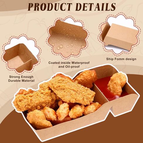 200 Pack Kraft Paper Food Trays 1LB Disposable Food Boats Nacho Tray 2 Compartment Heavy Duty Take out Food Serving Boats Holder Trays for Sauces Fries Taco BBQ Snack Hot Dog Picnic in Saudi Arabia