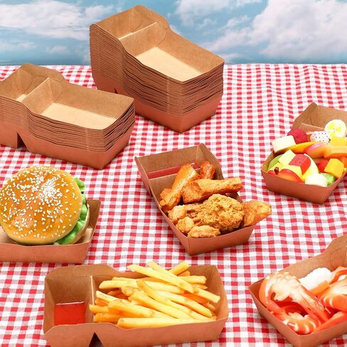 200 Pack Kraft Paper Food Trays 1LB Disposable Food Boats Nacho Tray 2 Compartment Heavy Duty Take out Food Serving Boats Holder Trays for Sauces Fries Taco BBQ Snack Hot Dog Picnic in Saudi Arabia