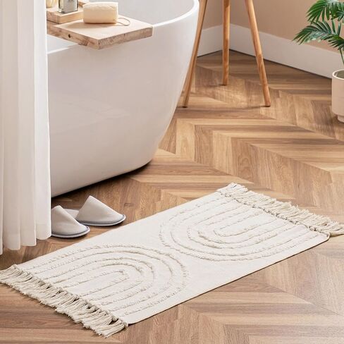 Boho Bathroom Rug 2 x 3 ft Tufted Small Runner Rug with Tassels, Washable Handmade Cotton Woven Throw Rug Farmhouse Entryway Rug for Bedroom/Laundry/Kitchen Doorway Porch, Beige Rainbow in Saudi Arabia