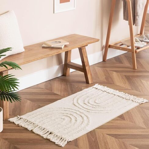 Boho Bathroom Rug 2 x 3 ft Tufted Small Runner Rug with Tassels, Washable Handmade Cotton Woven Throw Rug Farmhouse Entryway Rug for Bedroom/Laundry/Kitchen Doorway Porch, Beige Rainbow in Saudi Arabia