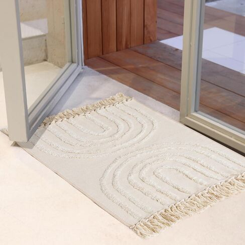 Boho Bathroom Rug 2 x 3 ft Tufted Small Runner Rug with Tassels, Washable Handmade Cotton Woven Throw Rug Farmhouse Entryway Rug for Bedroom/Laundry/Kitchen Doorway Porch, Beige Rainbow in Saudi Arabia