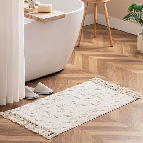 Boho Bathroom Rug 2 x 3 ft Tufted Small Runner Rug with Tassels, Washable Handmade Cotton Woven Throw Rug Farmhouse Entryway Rug for Bedroom/Laundry/Kitchen Doorway Porch, Beige Rainbow in Saudi Arabia