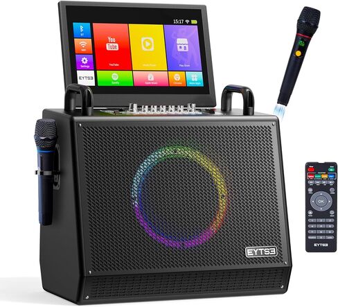Karaoke Machine with Screen Lyrics Display, Rotatable 14" HD Touch Tablet, Portable Speaker with Wireless Connection, 2 Wireless UHF Mics, LED Lights, USB/Wifi/SD/HDMI for Home Outdoor Party in Saudi Arabia