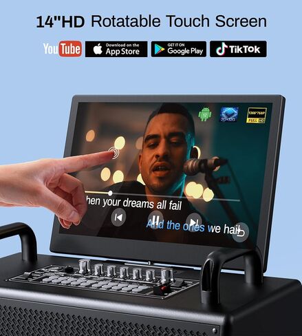 Karaoke Machine with Screen Lyrics Display, Rotatable 14" HD Touch Tablet, Portable Speaker with Wireless Connection, 2 Wireless UHF Mics, LED Lights, USB/Wifi/SD/HDMI for Home Outdoor Party in Saudi Arabia