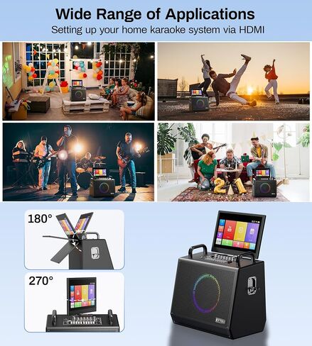 Karaoke Machine with Screen Lyrics Display, Rotatable 14" HD Touch Tablet, Portable Speaker with Wireless Connection, 2 Wireless UHF Mics, LED Lights, USB/Wifi/SD/HDMI for Home Outdoor Party in Saudi Arabia