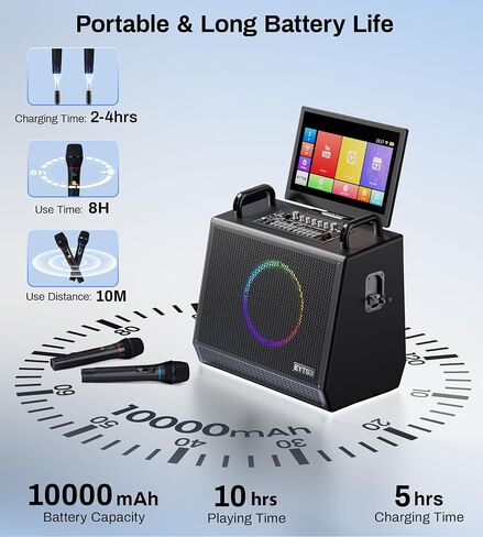 Karaoke Machine with Screen Lyrics Display, Rotatable 14" HD Touch Tablet, Portable Speaker with Wireless Connection, 2 Wireless UHF Mics, LED Lights, USB/Wifi/SD/HDMI for Home Outdoor Party in Saudi Arabia