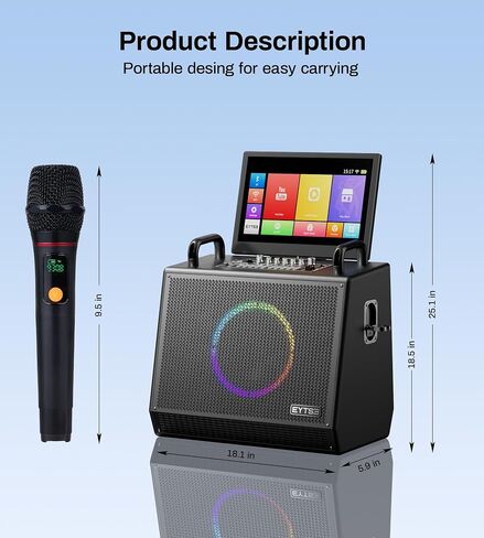 Karaoke Machine with Screen Lyrics Display, Rotatable 14" HD Touch Tablet, Portable Speaker with Wireless Connection, 2 Wireless UHF Mics, LED Lights, USB/Wifi/SD/HDMI for Home Outdoor Party in Saudi Arabia