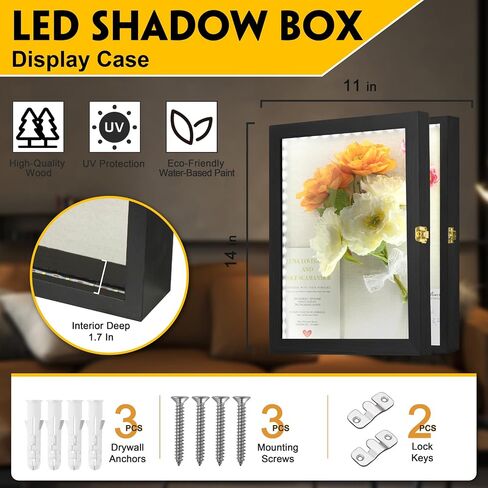 Shadow Box Frame 11x14 with LED, Deep 1.7" Shadowbox Display Case Wooden Black Wall Mount Memory Box with Linen Back and Acrylic Door for Flower, Pictures, Cards and Tickets in Saudi Arabia