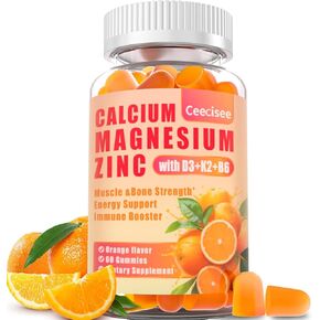Calcium Magnesium Zinc Gummies with D3 &B6 &K2,1000mg Calcium Gummies with 300mg Magnesium Support Bone & Muscle for Adults and Teens,Sugar Free (60 Count)