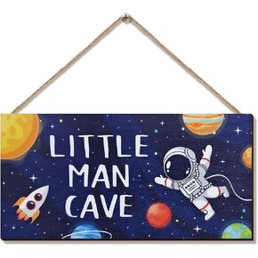 ZIEYOMI- Little Man Cave Sign Space Boys Room Decor, Astronaut Theme Bedroom Nursery Decor Hanging Wall Art, Wooden Plaque Outer Space Decor for Toddler Boys Room Kids Playroom Decorations