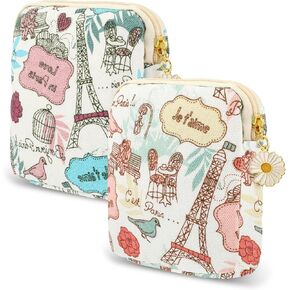 cobee 2PCS Sanitary Pad Storage Bag, Cute Sanitary Napkin Storage Purses Portable Period Bag with Daisy Zipper Panty Liner Tampon Menstrual Cup Nursing Pad Holder Pouch for Girls Women Travel(Bird)