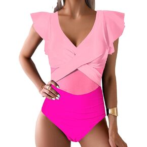 Womens One Piece Swimsuits Tummy Control Bathing Suits Ruffle Sleeve Mesh Swimsuit Full Coverage Swimwear