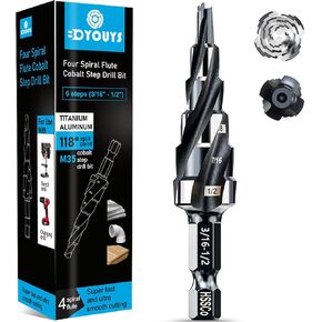 BOYOUYS Four Spiral Flute M35 Step Drill Bit Set 3/16"-1/2"(6 Sizes), 1/4" Shank for Metal Step Drill bit, Impact Resistant Cobalt Step Drill Bit, for Stainless Steel, Wood, Aluminum, Plastic in Saudi Arabia