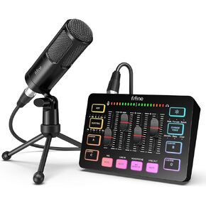 FIFINE Audio Equipment Bundle for Gaming Podcast, Streaming RGB Mixer Set with XLR Dynamic Vocal Microphone, Voice Recording Kit Set with Volume Fader, Individual Control, Mute, Monitoring-KS3