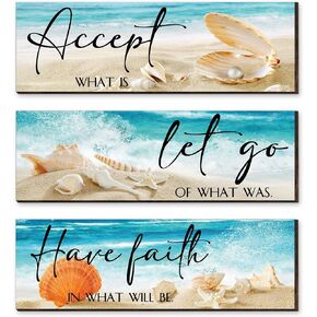 3 Pieces Ocean Inspirational Wooden Wall Decors Accept Let Go Have Faith Quotes Motivational Bedroom Hanging Decor Seashell Starfish Wooden Sign for Bathroom Washroom Bedroom (11 x 3.5 x 0.2 Inch)
