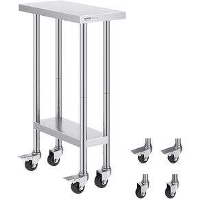 طاولة عمل من الفولاذ المقاوم للصدأ VEVOR مقاس 24 × 12 × 38 بوصة، سعة تحميل 500 رطل مع 4 عجلات، 3 مستويات ارتفاع قابلة للتعديل، طاولة عمل لإعداد الطعام شديدة التحمل لمطعم المطبخ التجاري، فضي